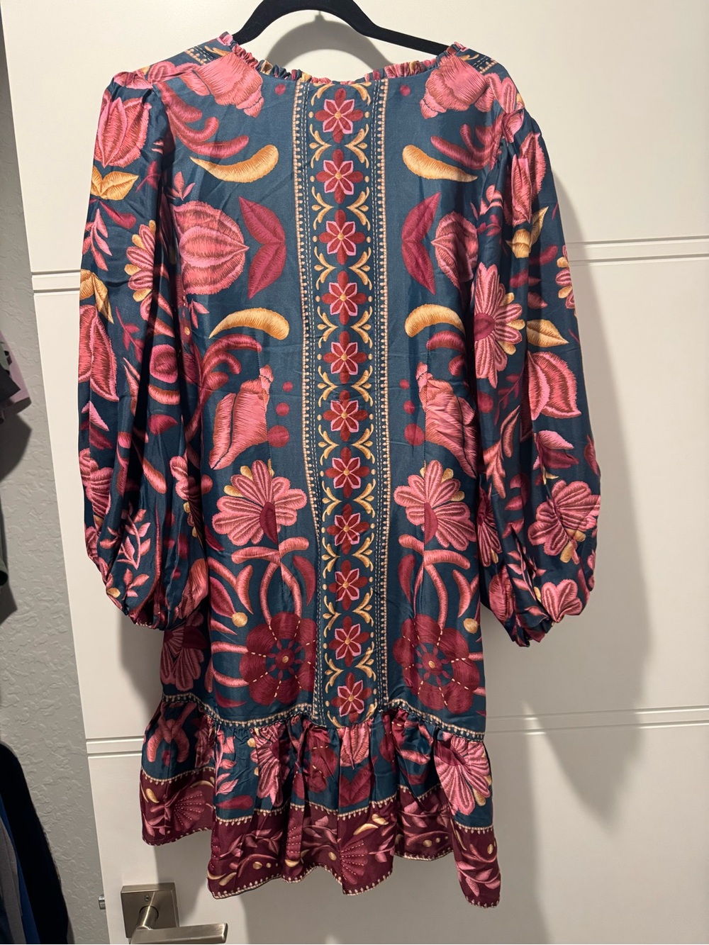 NWT FARM Rio Teal Floral Long Sleeve Dress with Pink & Gold Embroidery - Picture 3 of 3